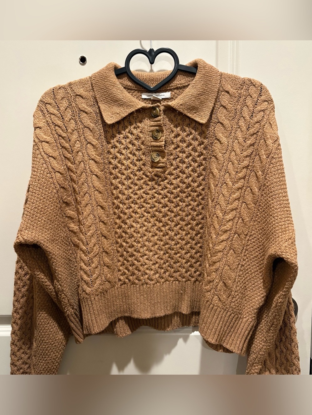 American Eagle Outfitters Cable Knit Polo Oversized Sweater in Camel Brown